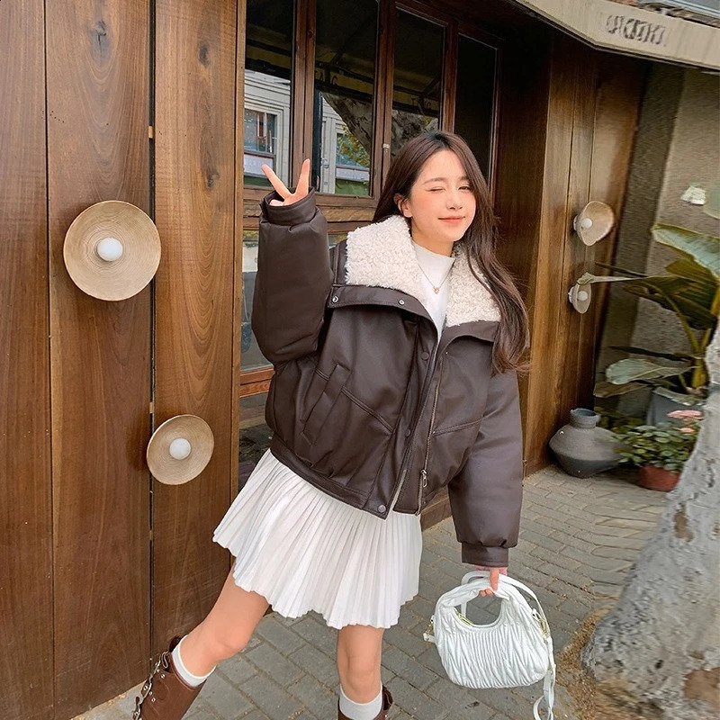 Autumn Winter in Collar Warm Womens Short Top Casual Loose Zipper Thick Commuting Style Leather Jackets for Women 251018