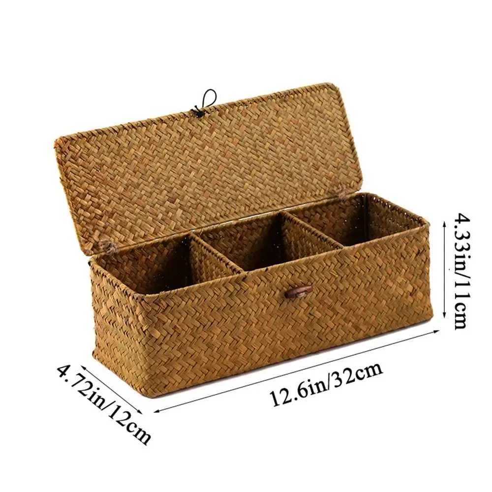 3 Grids Hand Woven Storage Baskets with Lid Dust Clothing Basket Storage Box Rectangular Wardrobe Container Sundries Organizer C251023