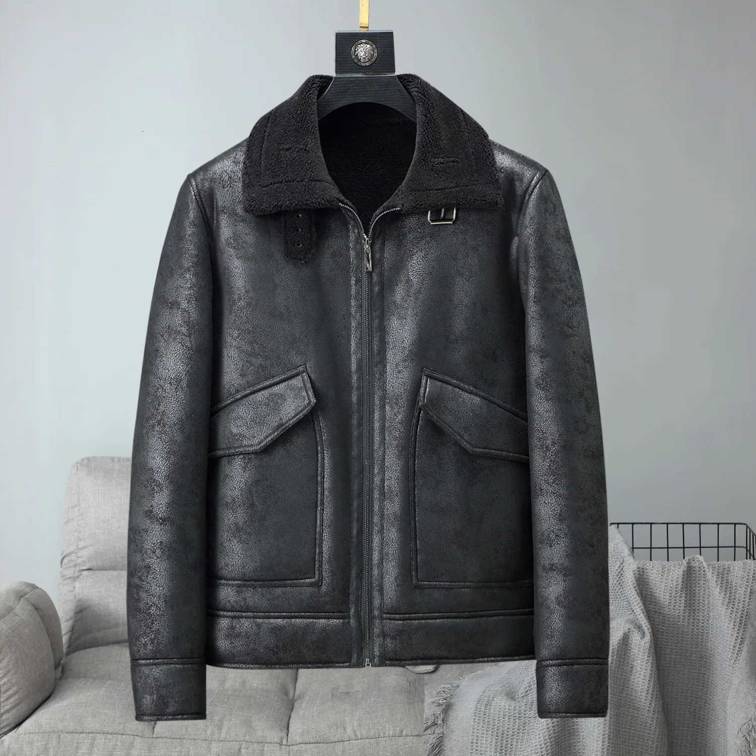 Leather Coat Men Plus Thick Fleece Men Fur Collar Velvet Autumn and Winter New Thickened Youth Main Mens Winter Leather Coat W251023