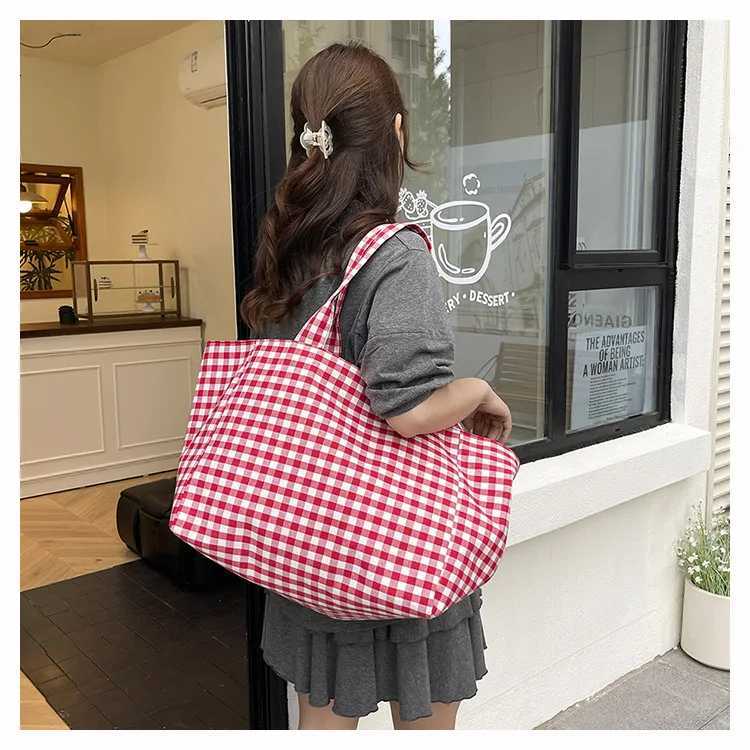 Large Capacity Plaid Womens Canvas Shoulder Bags Simple Commuter Female Shopping Bag College Girls Book Tote Travel HandbagsL251023