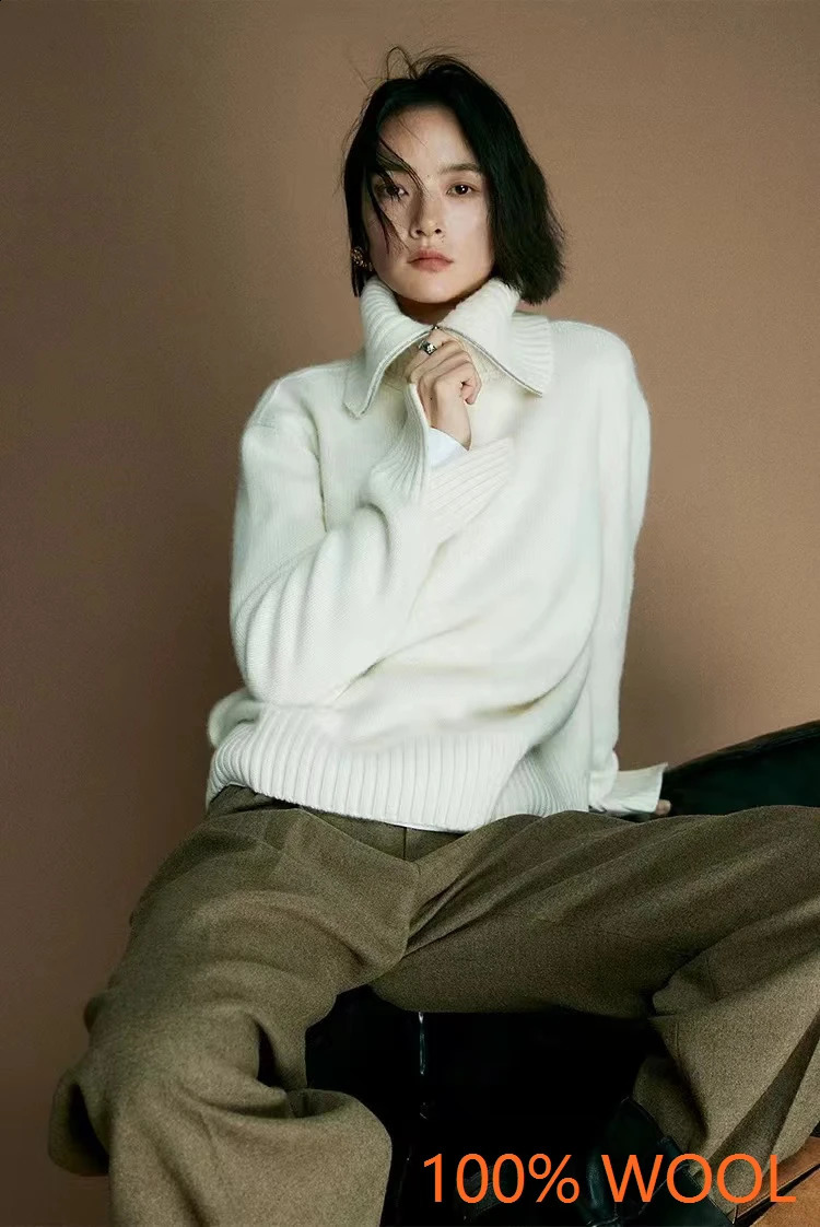 Women 100 Merino wool Sweater Knit Zipper High Neck Lapel Pullover Autumn Winter Fashion Clothe Thick Warm 251022
