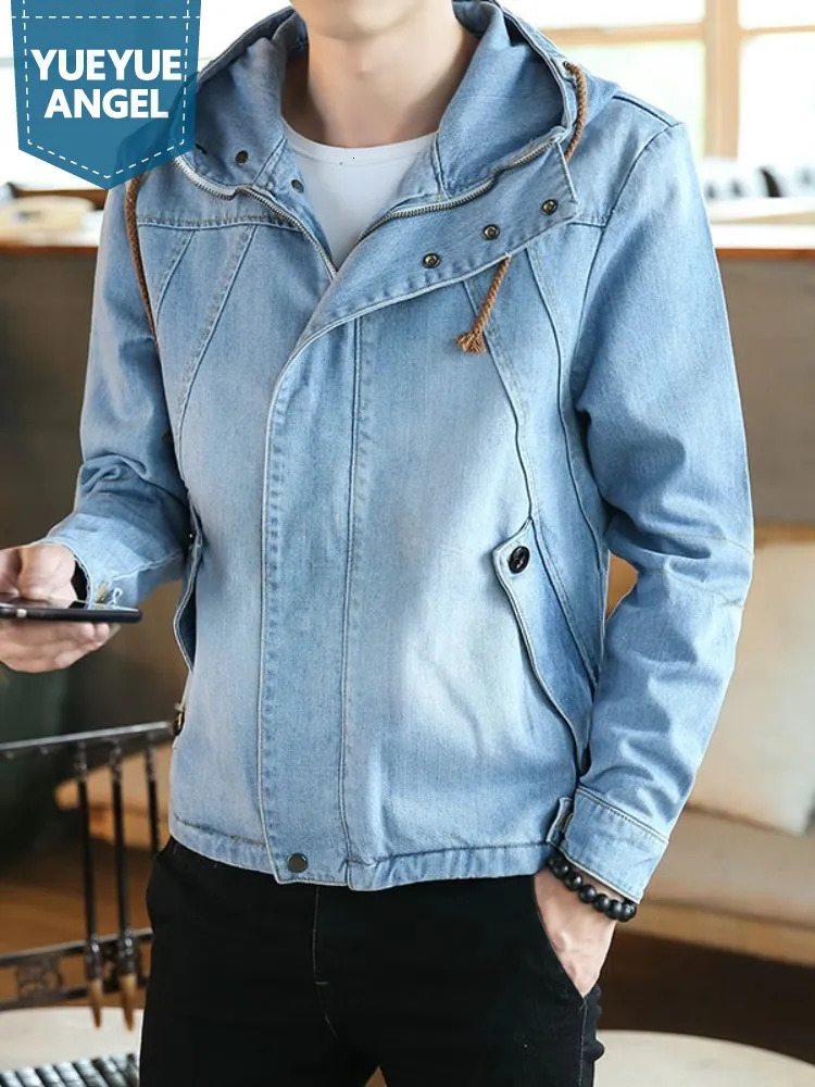 Spring Autumn Japanese Retro Mens Hooded Denim Jacket Slim Fit Zipper Casual Outerwear Male Long Sleeve Streetwear Coats 251017