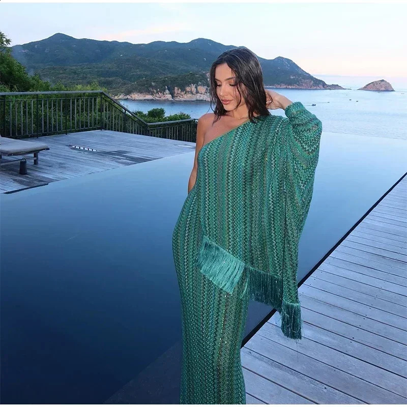 Elegant Tassel Hem Long Dress Women Loose Vneck Full Sleeve Scarf Dresses Autumn Party Evening Luxurious Lady Robe 251022