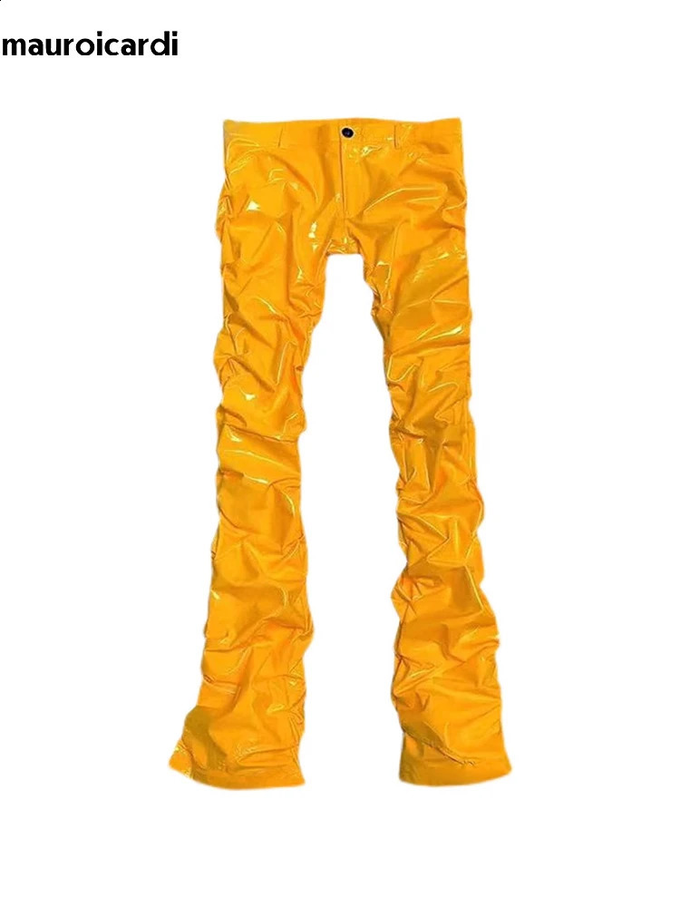 Mauroicardi Spring Autumn Yellow Blue Shiny Reflective Stretchy Soft PVC Faux Leather Stacked Pants for Men Y2K Streetwear 251023