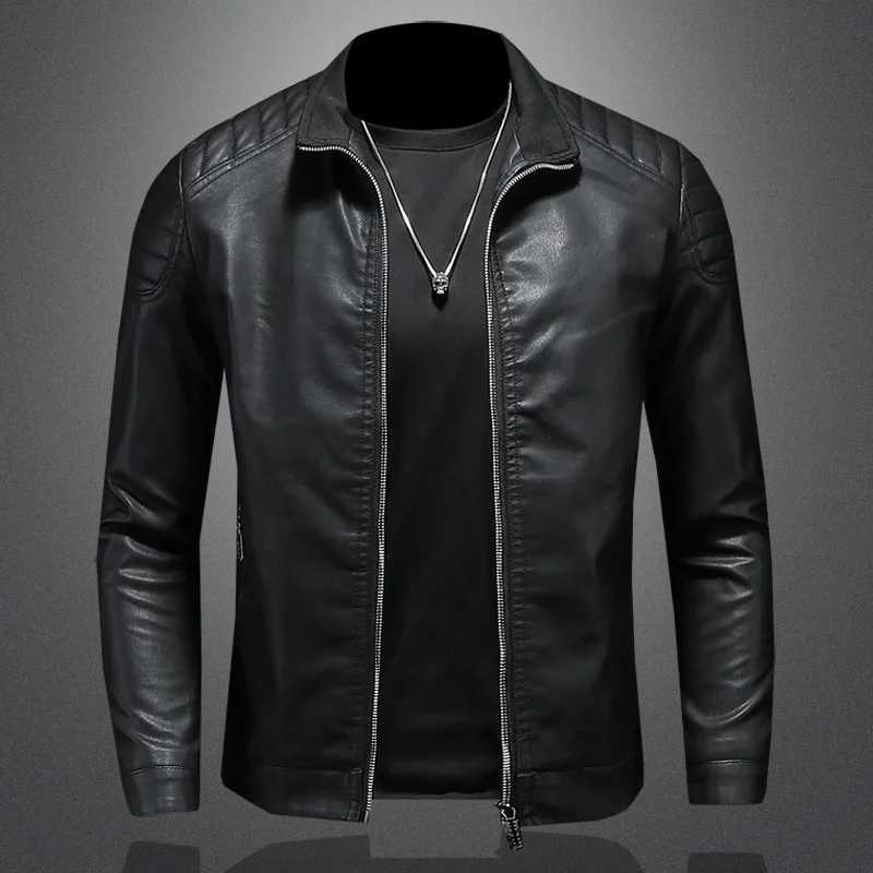 Mens Leather Clothing Fashion Slim Fit Zipper Jacket Solid Casual Jacket Moto Biker PU Leather Coat Men Motorcycle Jacket W251023