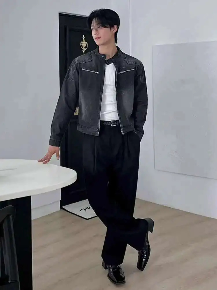 2025 Autumn Stand Collar Solid Color Mens Wear Denim Jackets Zipper Patchwork Korean Style Casual Loose Short Male Coat 251017