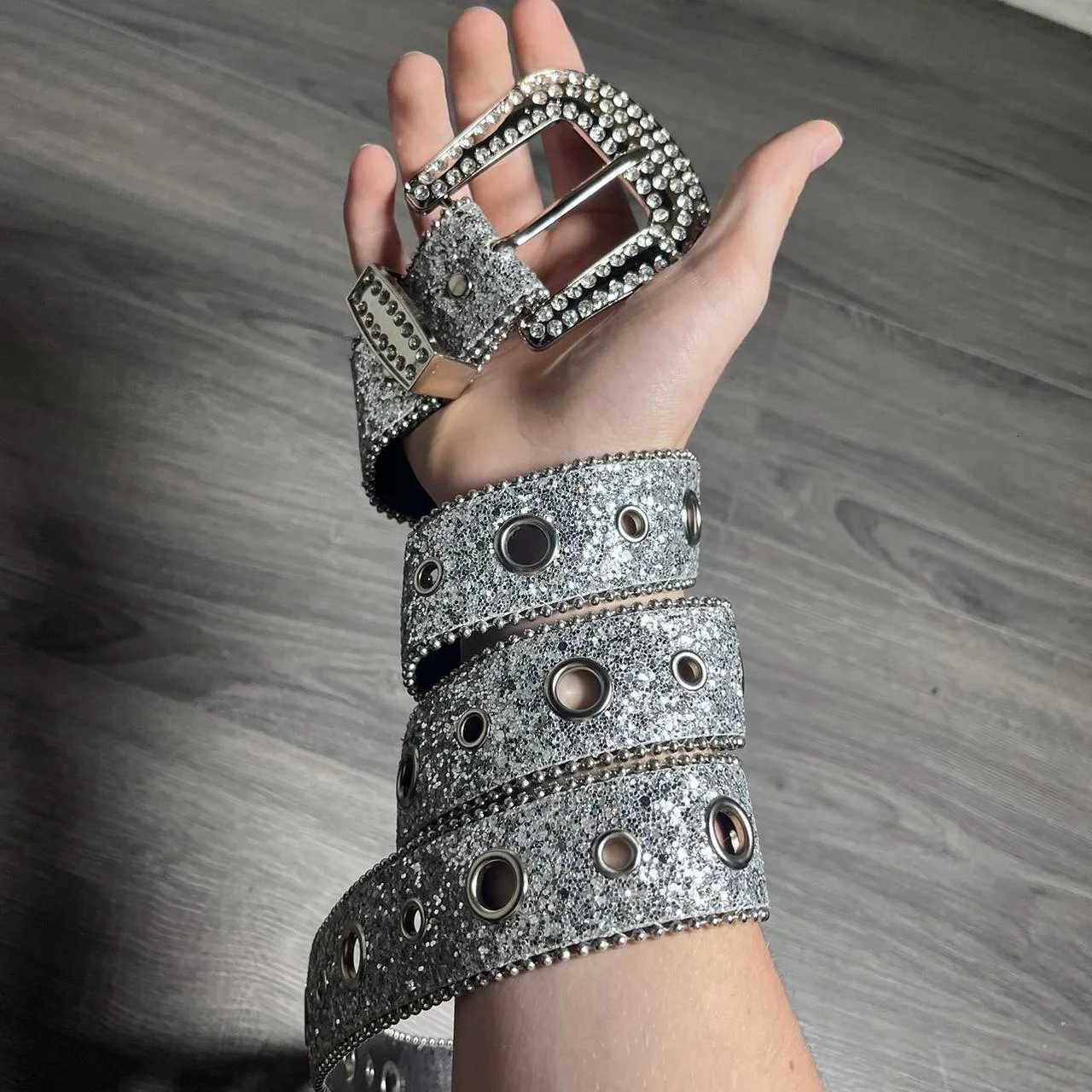 Unisex Silver bling Silver belt Rhinestones Studded Metal Pin Buckle PU Leather Belt Jeans Waistband for Men and WomenXJ251023