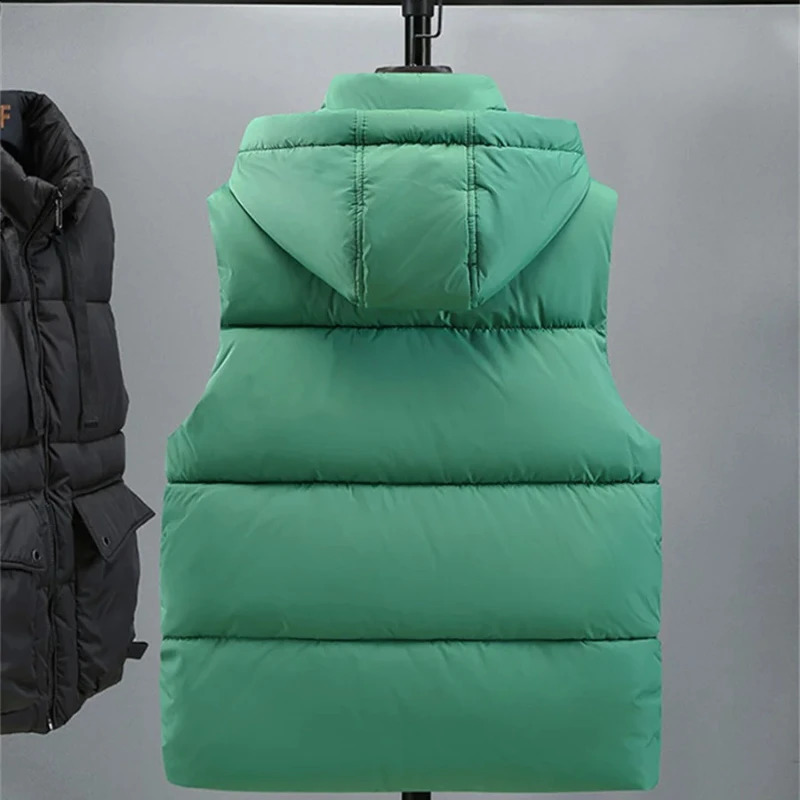 Mens Hooded Vest Winter Zipper Warm Stand Collar Waistcoat Men Cotton Padded Sleeveless Jackets with Big Pockets 251023