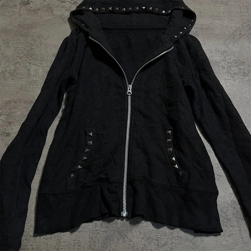 Grunge Punk Hip Hop Goth Women Autumn Winter Hoodie Loose Baggy Solid Color Cardigan Sweatshirt Y2K Harajuku Emo Girl Streetwear 251022