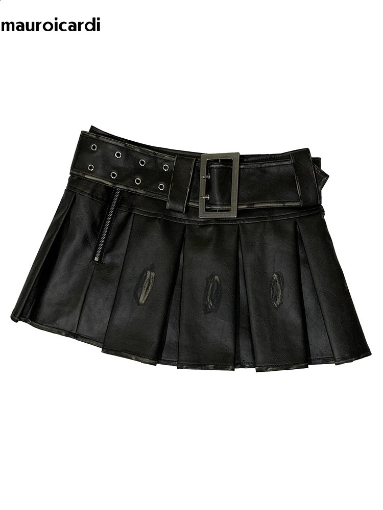 Lautaro Summer Autumn Distressed Brown Pu Leather Mini Pleated Skirt Women Belt High Waist Short y ner Clothes 251017