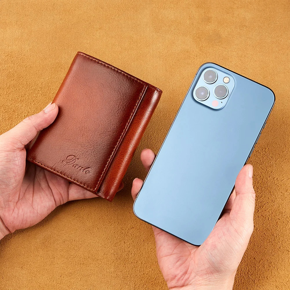 Dante Retro Three Fold Genuine Leather Mens Wallet with AntiTheft Card Swiping Head Layer Cowhide Wallets Multiple Card Slot251023