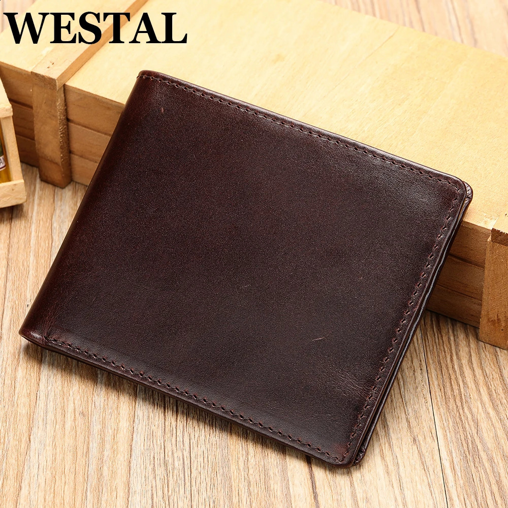 WESTAL Slim Mens Leather Wallets with Cash Compartments Short Wallet for Card Holders Purses Men Clucth Wallet 9061251023