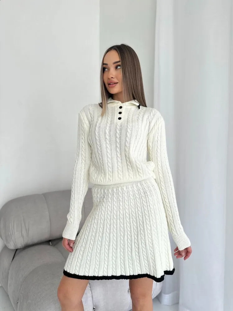 Arrival Women Solid Color Knitted Skirts Two Piece Set Long Sleeve Lapel Buttons Knitting Sweater Short Skirt 2 Sets 251022