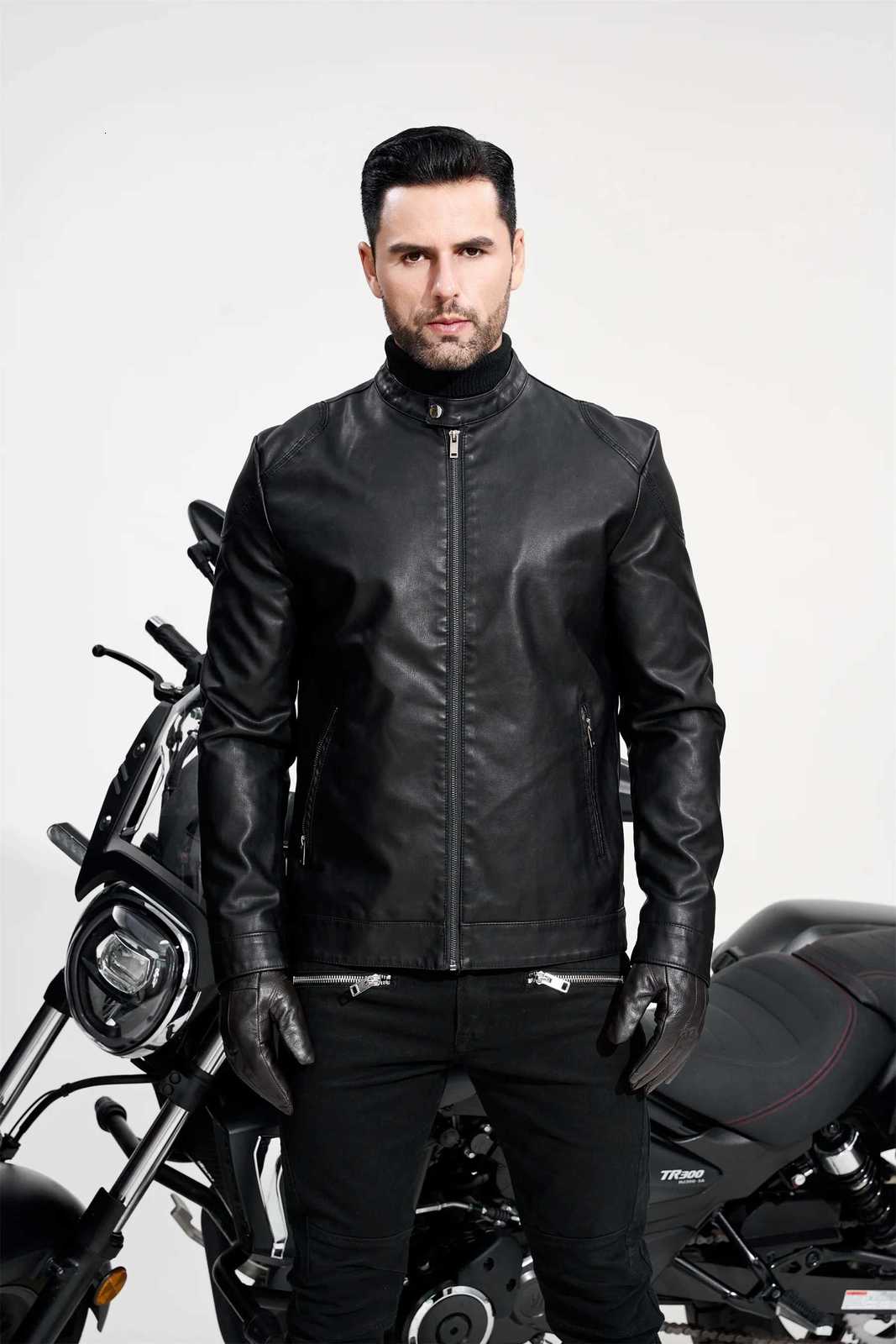 Retro Style PU Biker Jacket Mens Casual Solid Color Zip Up Stand Collar Faux Leather Jacket For Spring Fall W251023