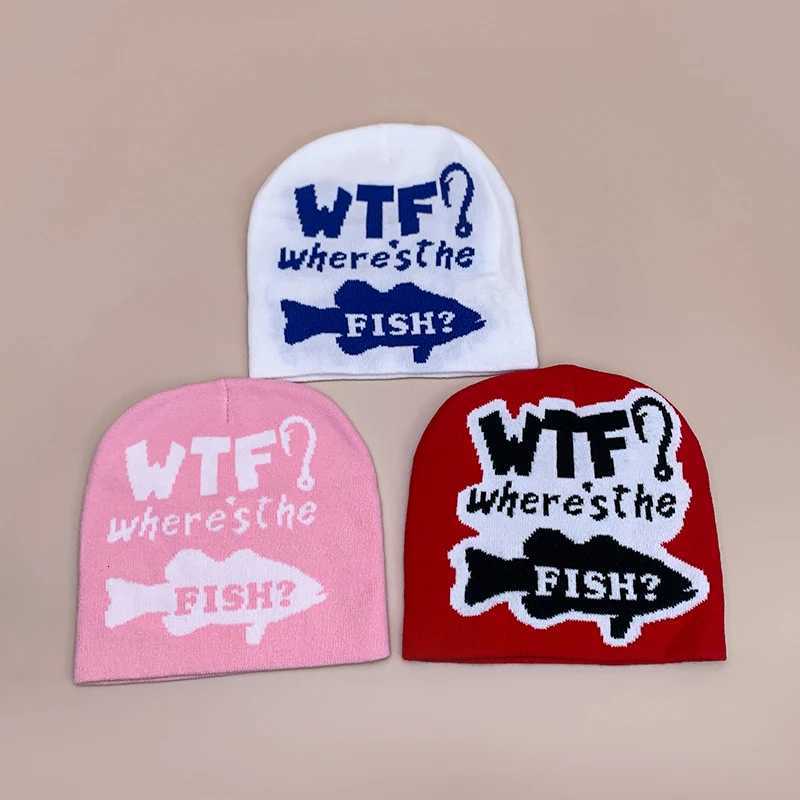 Street Funny Fish Letter Knitted Hats Autumn and Winter New Unisex Warm Versatile Hip Hop Color Block Fashion Personal BeaniesXJ251023