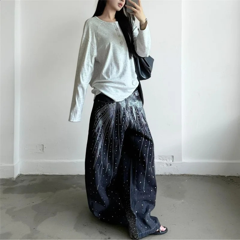 Autumn Winter High Street Denim Pants Mens Retro Full Diamond Stamping Hiphop Loose Straight Leg Wide Streetwear Jeans 251018