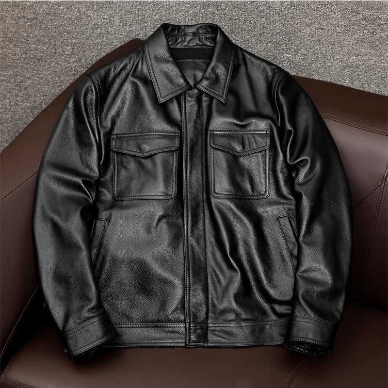 Fashionable New Leather Jacket Men Lapel Leather Jacket Autumn Winter Solid Color Trendy Loose Leather Jacket W251023