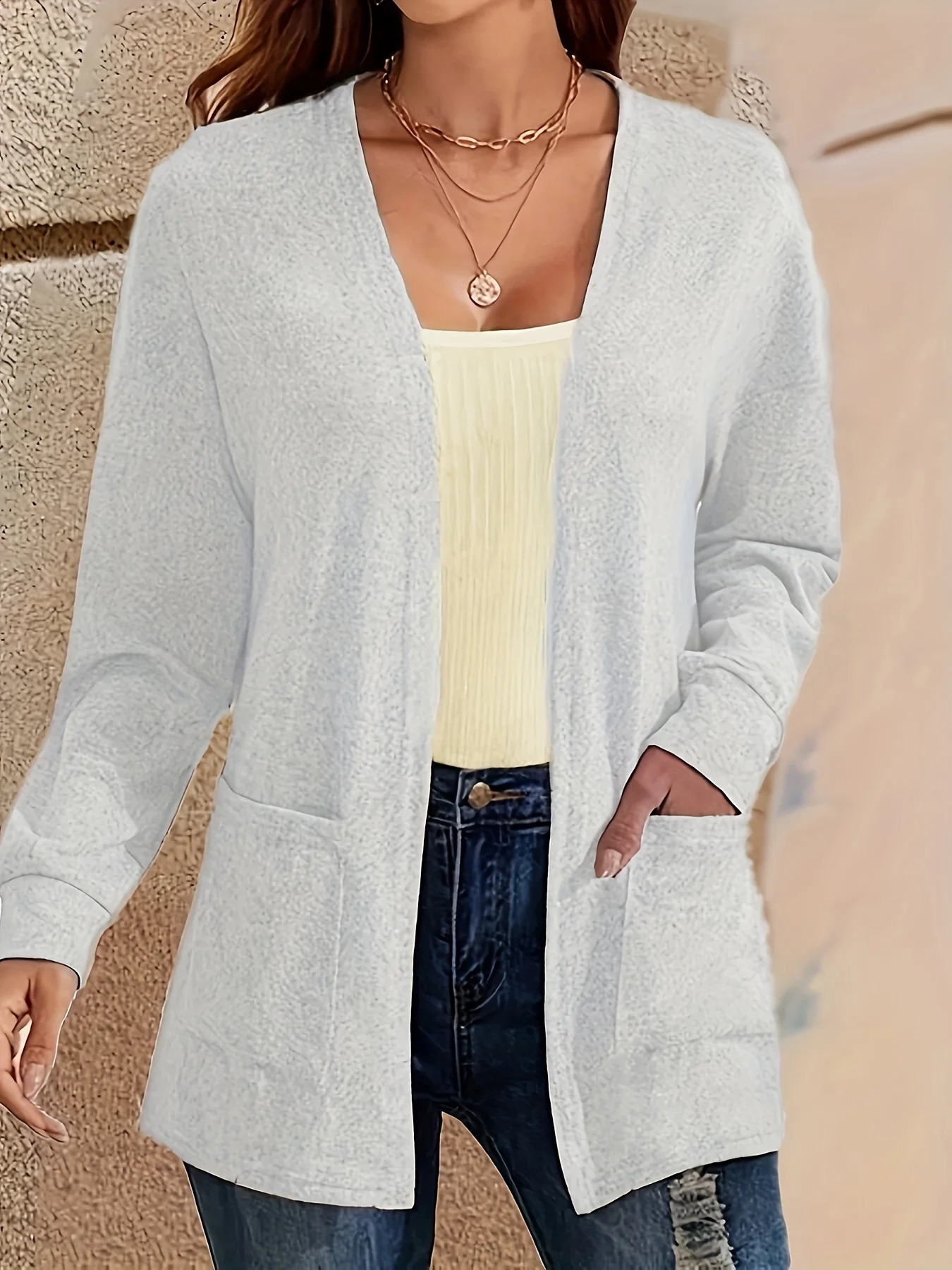 Autumn chic casual solid color pocket thin plus size womens jacket cardigan 251017