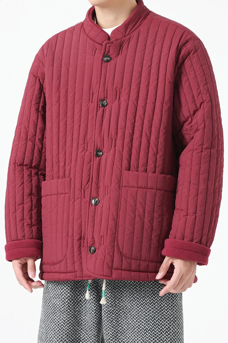 Vintage Quilted Cotton Parkas Mens Solid Color Standing Collar Coats Chinese Style Harajuku Plush Couple Jacket Wear Both Sides 251013