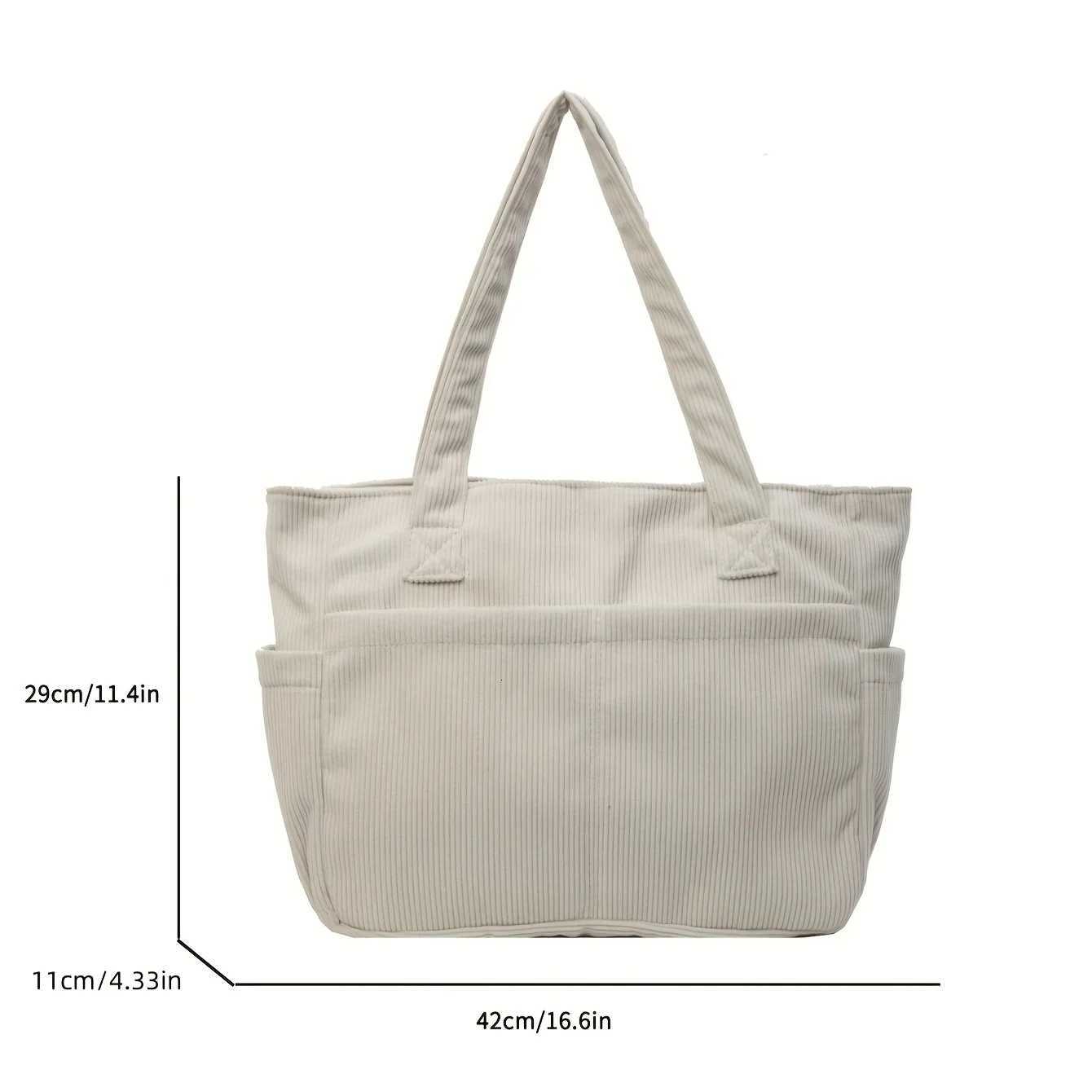 Multiple Pockets Womens Corduroy Tote Handbag Simple Striped Shoulder Bag with Fixed Straps Zipper Large Capacity Commuting BagL251023