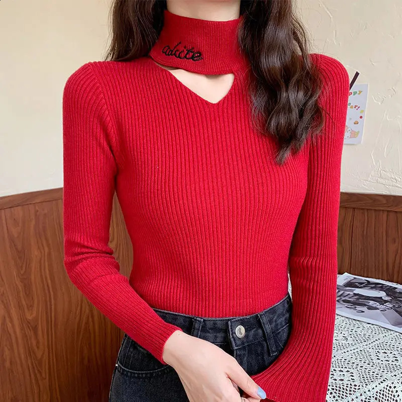 Sweet Letter Embroidery Sweater Knitted Solid Color Womens Clothing Casual Elegant Long Sleeve Autumn Winter Hollow Out Tops 251023