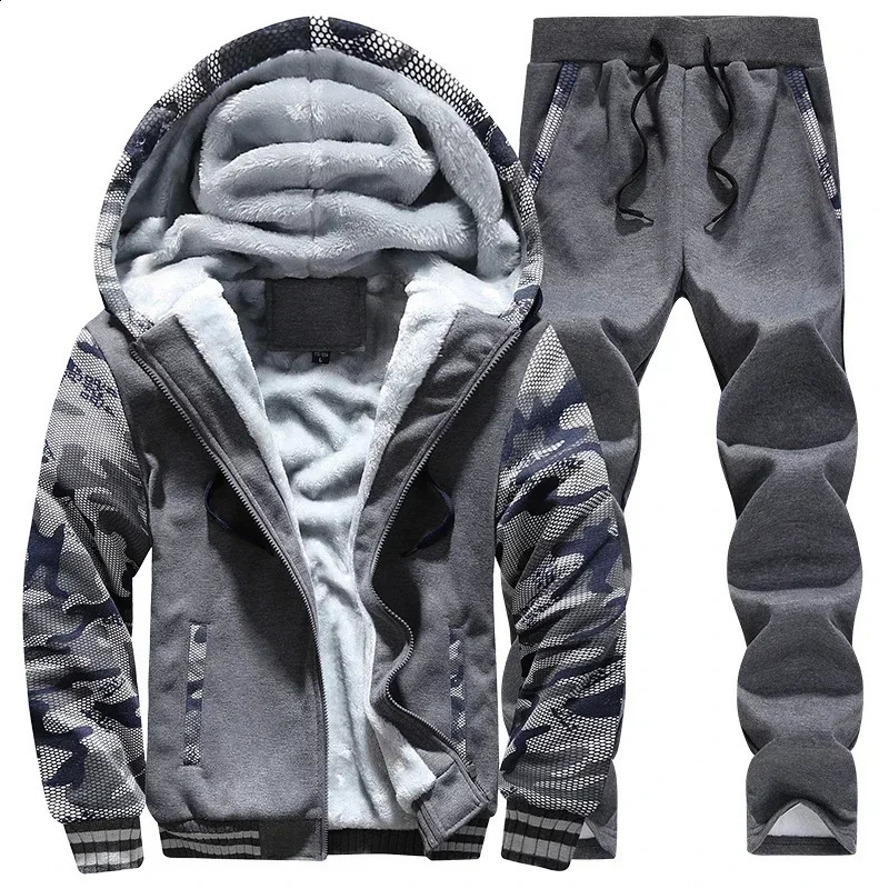 Winter Fleece Thicken Mens Twopiece Zipper Sports Set Hooded Thermal Suit Casual Oversized Tracksuit 4XL 5XL Funny 251023
