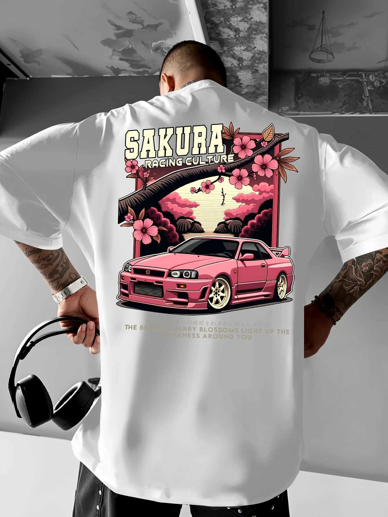 Mens Japanese Racing Graphic TShirt Sakura Motorsport Tee Cherry Blossoms Loose Fit Back Print Shirt Drift Events StreetwearXJ251023