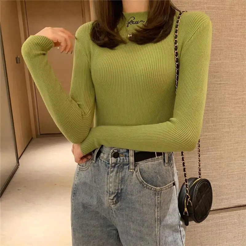 Bottom Shirt Autumn and Winter Slimfitting Foreign Style Semiturtleneck Embroidered Letter Knitted Sweater Corespun Yarn 251023