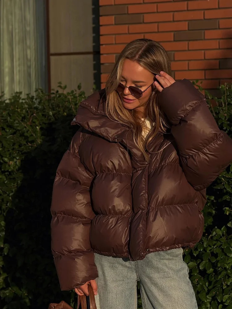 Women Autumn Hooded Short Cotton Coat Casual Brown Stand Collar Full Sleeve Loose Jacket Chic Lady Winter Office Commute Outwear 251021