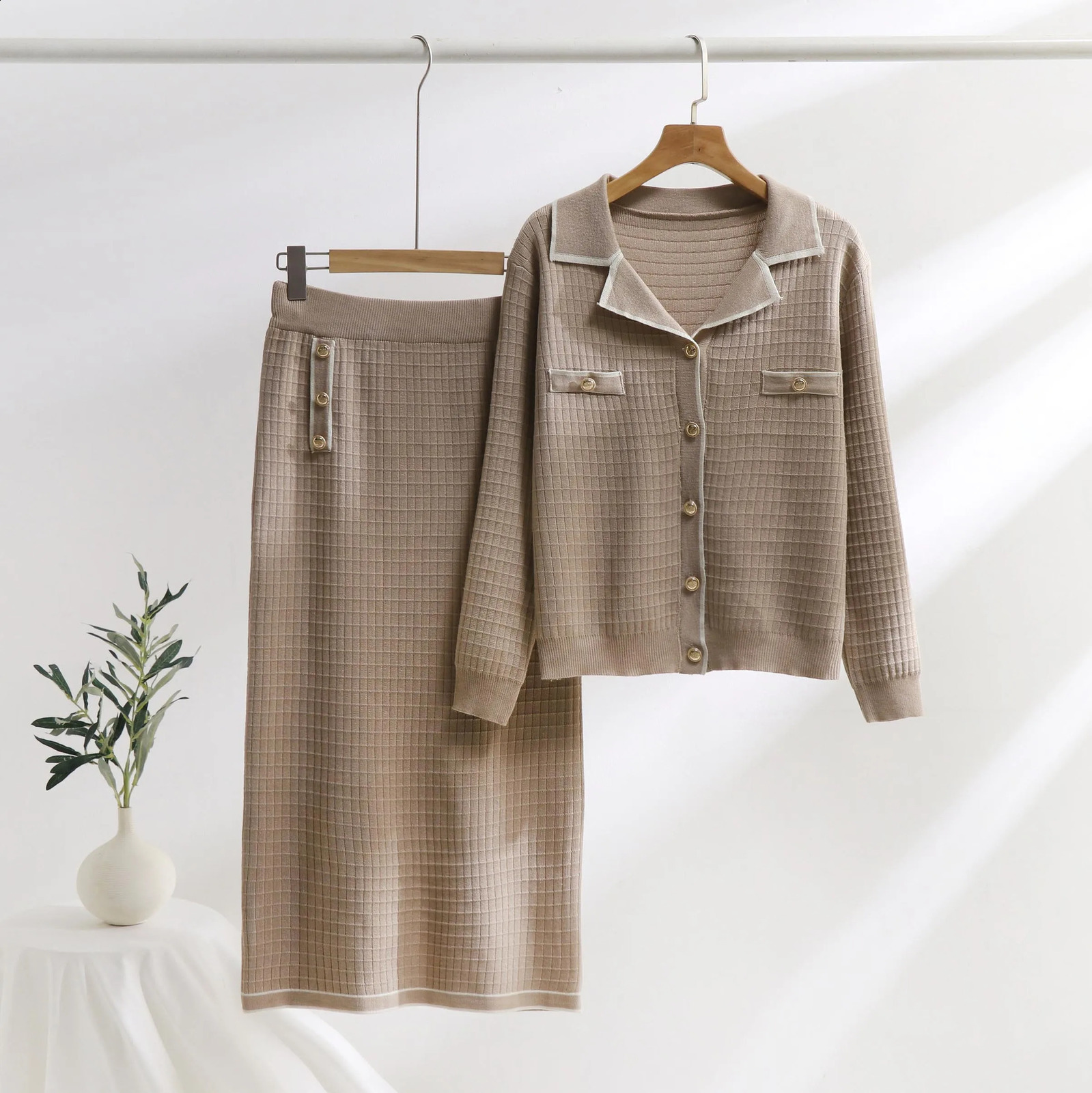 Knitted Elegant Womens Sets For Fall Winter Tweed Suit Women Polo Neck Cardigan Slim Fit Skirt with Contrast Piping 251022