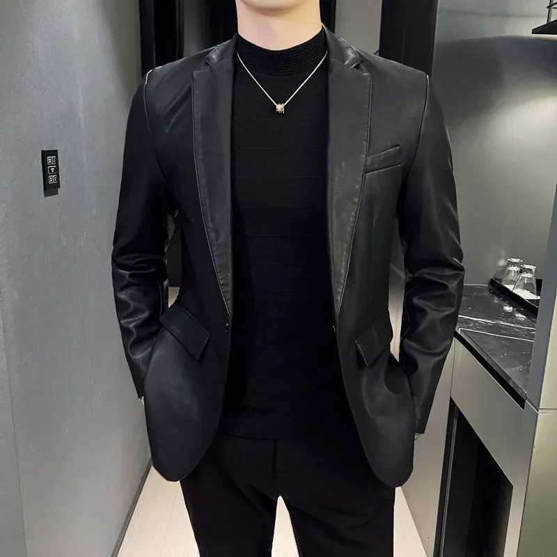 Fashionable Pure Color PU Leather Jacket Mens Motorcycle Clothes Outerwear Leather Suit Casual Regular Fit Mens Coat W251023