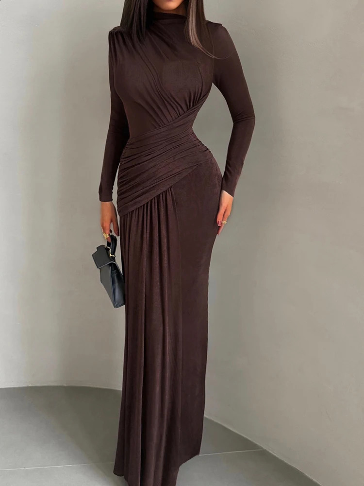 Nibber Folds Maxi Dress Women oNeck Full Sleeve Solid Banquet Elegant Vacation Fashion Autumn Skinny Casual Simple Vestidos 251022