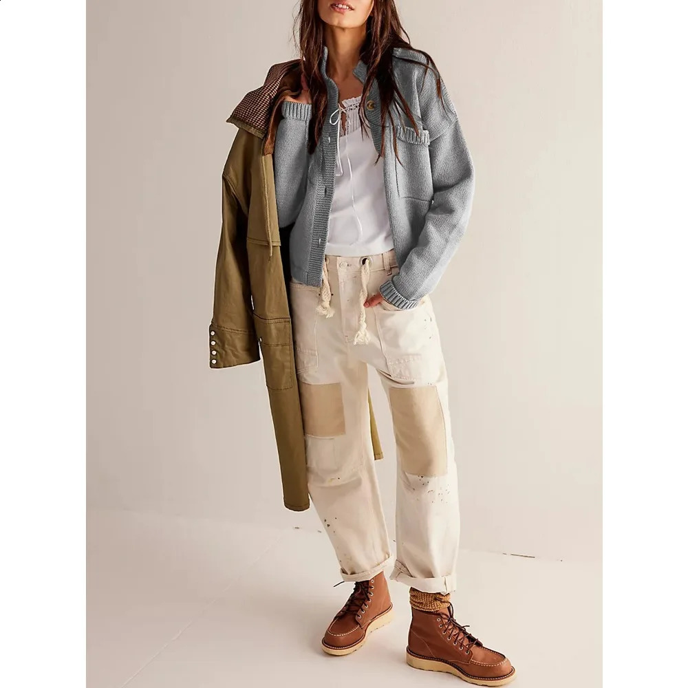 Women Cardigans Long Sleeve Button Up Knit Cardigan with Pockets Stand Collar Causal Fall Warm Sweater Solid Color Comfy Outwear 251022
