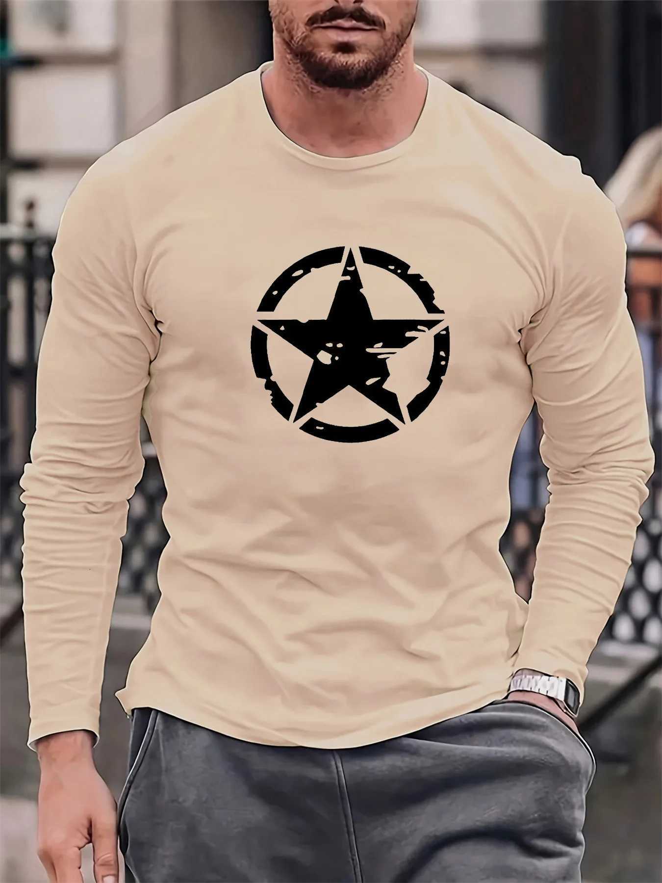 Mens 100 pure cotton loose fit plus size casual sports pentagram pattern printed round neck long sleeved Tshirt topXJ251023