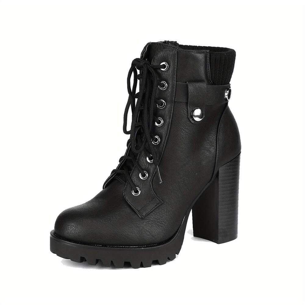 Women's Lace Up Combat High Chunky Heel Fashion Heeled Booties Shoes Winter Autumn Boots Stylish Classic Knit Ankle Cuff Easy On/Off, For Office,