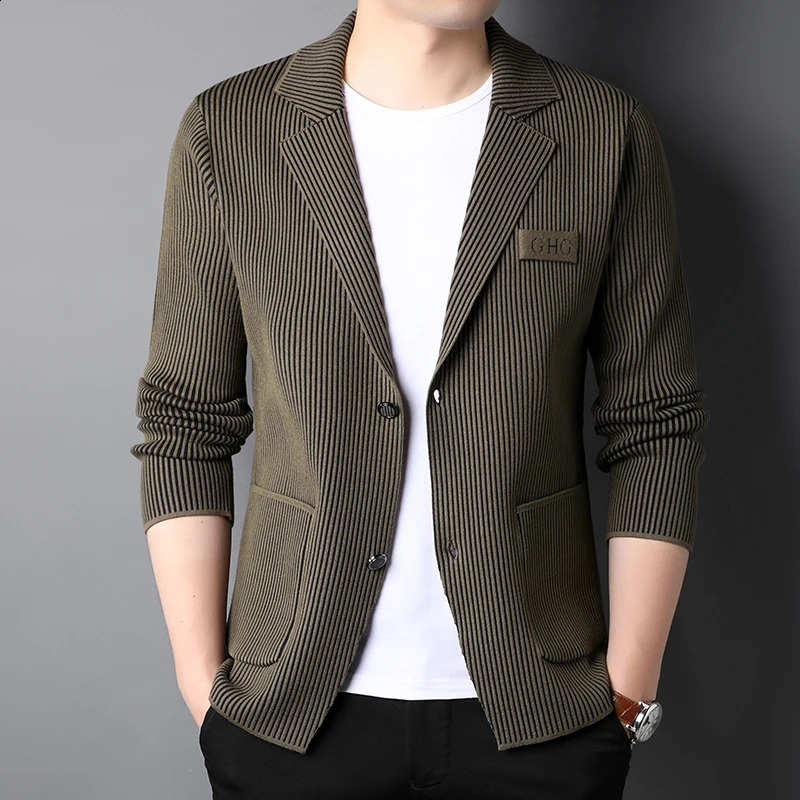 Top Grade Fashion Slim Fit Blazer Jacket Smart Elegant Stylish Knitted Suit Striped Men Coat Casual Mens Clothes 251023