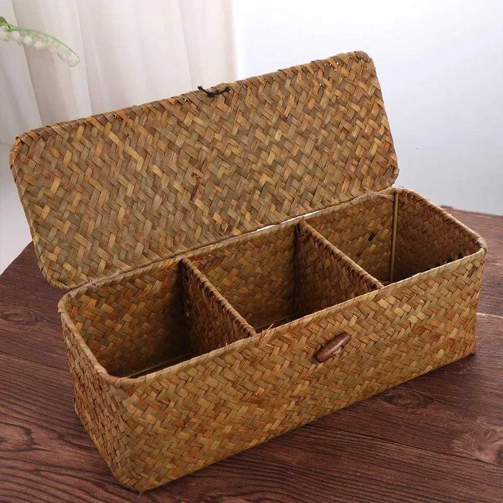 3 Grids Hand Woven Storage Baskets with Lid Dust Clothing Basket Storage Box Rectangular Wardrobe Container Sundries Organizer C251023