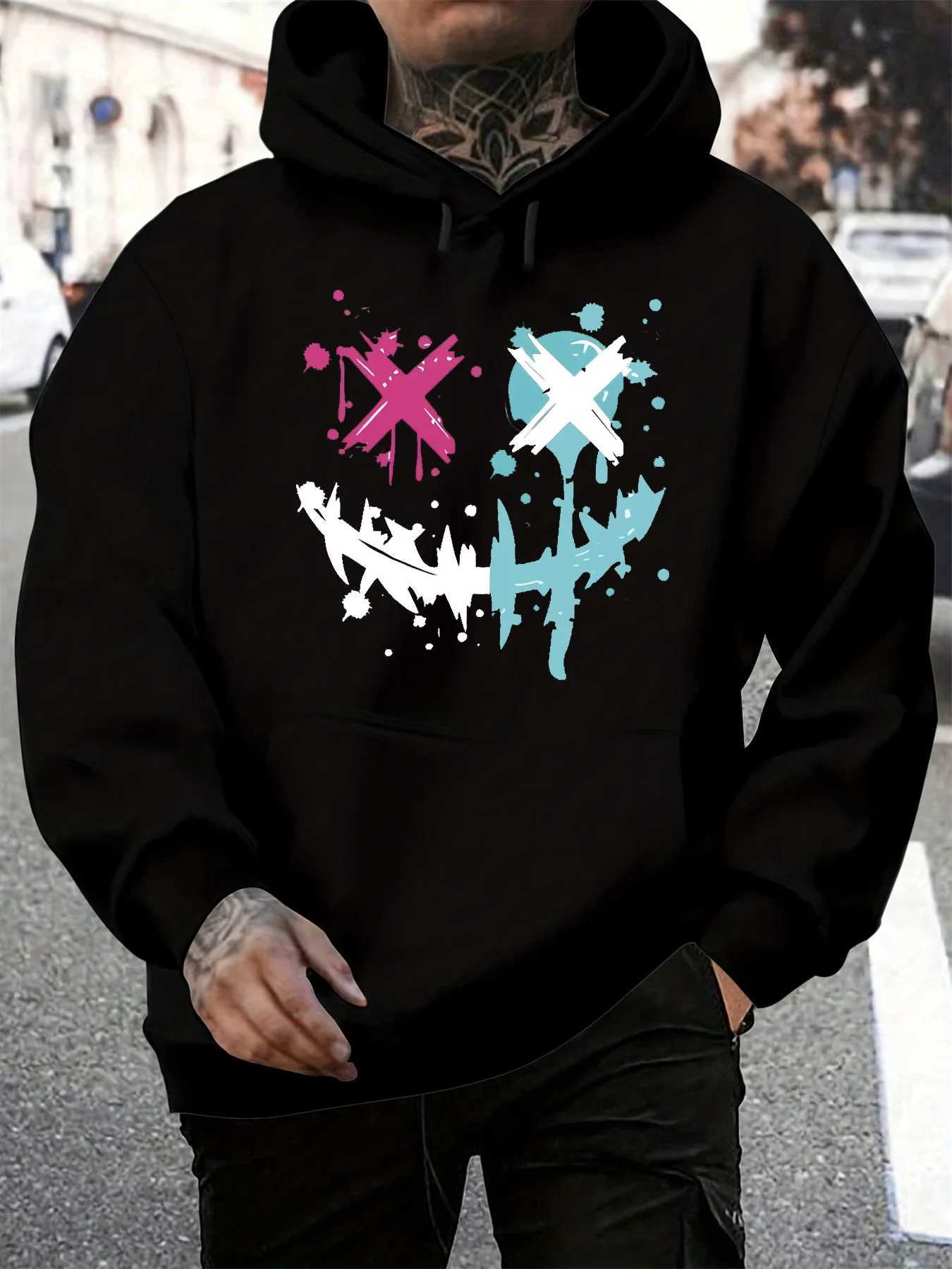 Mens autumn and winter casual fashionable loose hoodie with smiling face pattern printed long sleeved warm pullover sweaterT251023