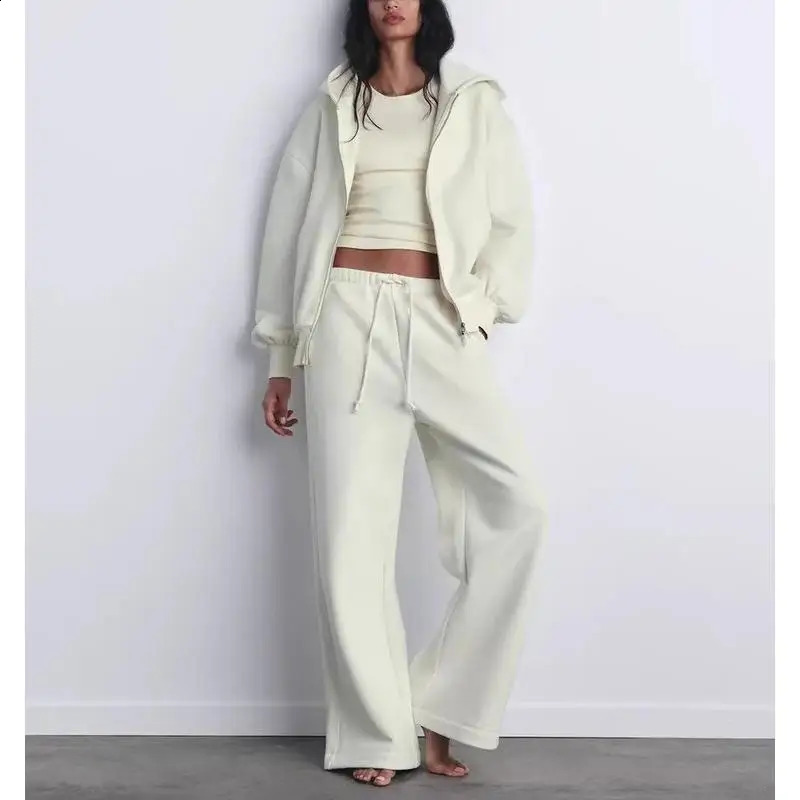 Autumn Winter Arrival Womens Velvet Straight Leg Pants Zipper Decorated Loose Hoodie Long Sve Casual Sportswear Set 251022