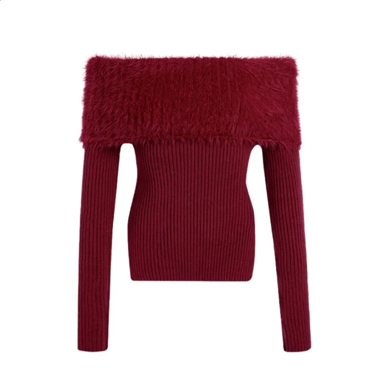 Offshoulder Tops Cherry Red Fuzzy Knit Side Slits Long Sleeve Off The Shoulder Sweater Autumn Winter Christmas Festival Outfit 251023