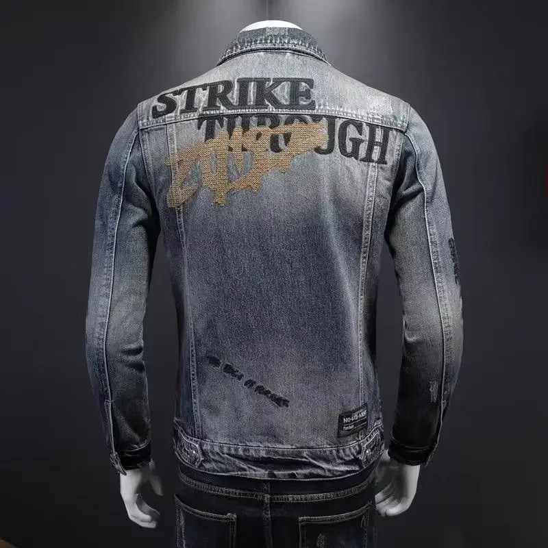 mens denim jacket fashion casual lapel handsome motorcycle high street retro trend loose top clothing 251017