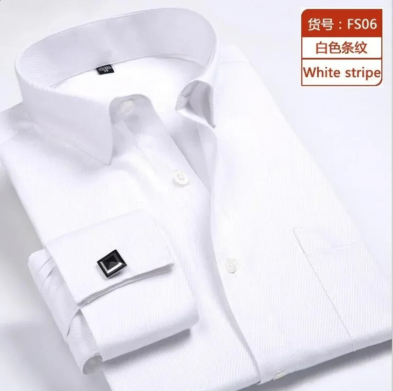 Quality Gentle Formal Mens French Cuff Dress Shirt Men Long Sleeve Solid Striped Style Mens Shirts Cufflink Include Plus Size 251021