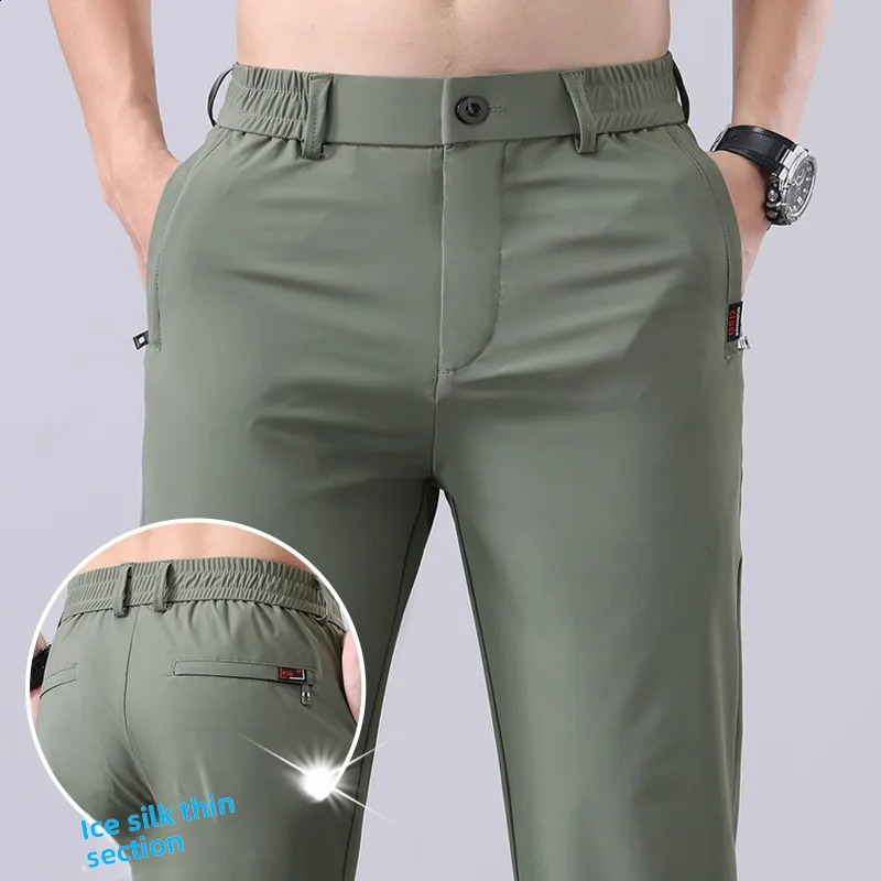 Summer Mens Ice Silk Pants Korean Y2K All Match Elastic Sweatpants Office Business Casual Fashion Straight Suit Trousers 251023