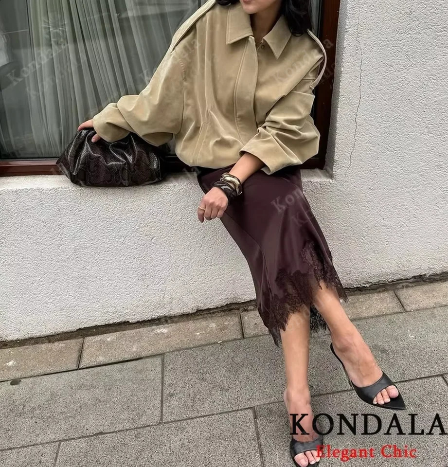 KONDALA Women y Black Brown Skirt Long Lace Satin Straight Autumn Fashion Elegant Party Dinner Mujer 251022