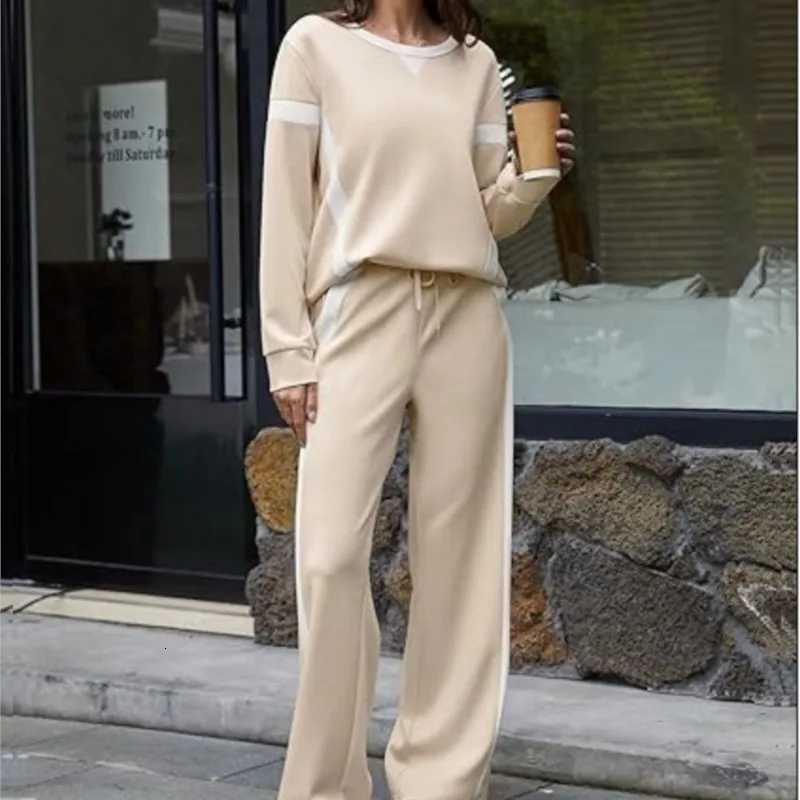 Womens Casual Sports Style Twopiece Fashionable White Striped Patchwork Longsleeved Top Paired With Loose Wideleg Pants SuitT251022