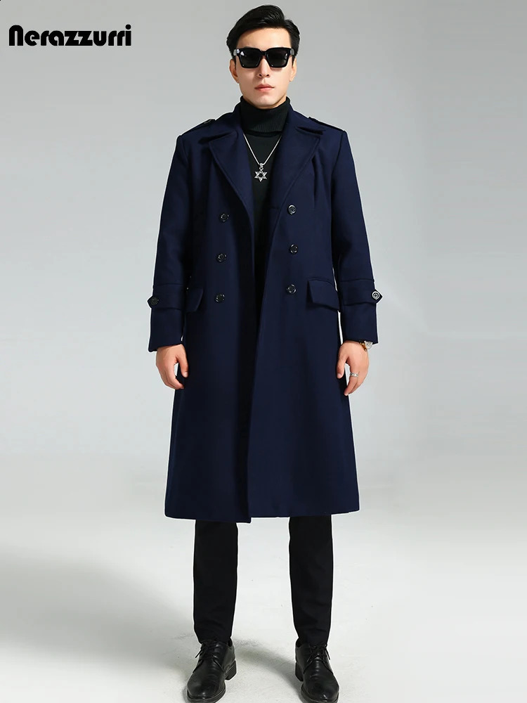 Nerazzurri Autumn Winter Long Elegant y Chic Navy Blue Warm Woolen Coat for Men Double Breasted Wool blends Overcoat 251023