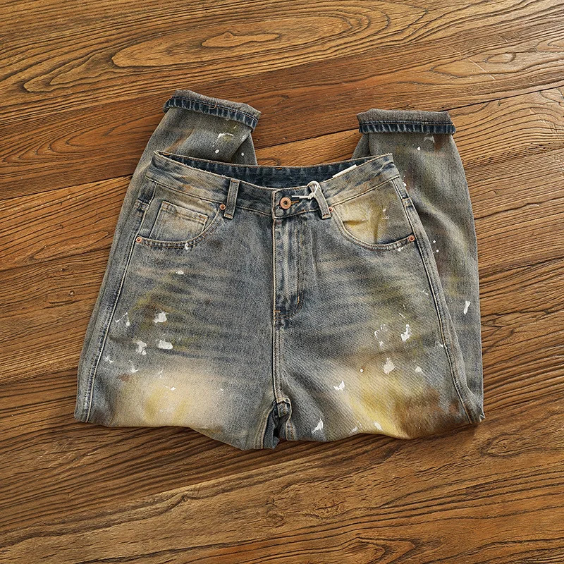 Autumn and winter heavyweight loose straight leg jeans for men personalized splashed ink vintage denim pants 251017