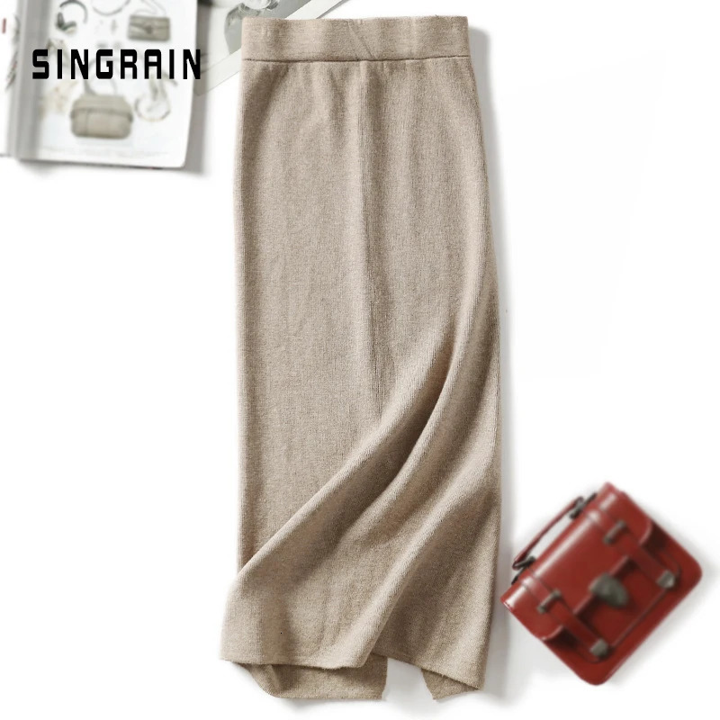 SINGRAIN Women sweater skirt pencil midi knitted skirt high waist skirts womens winter long warm knitting skirts split bottoms 251020
