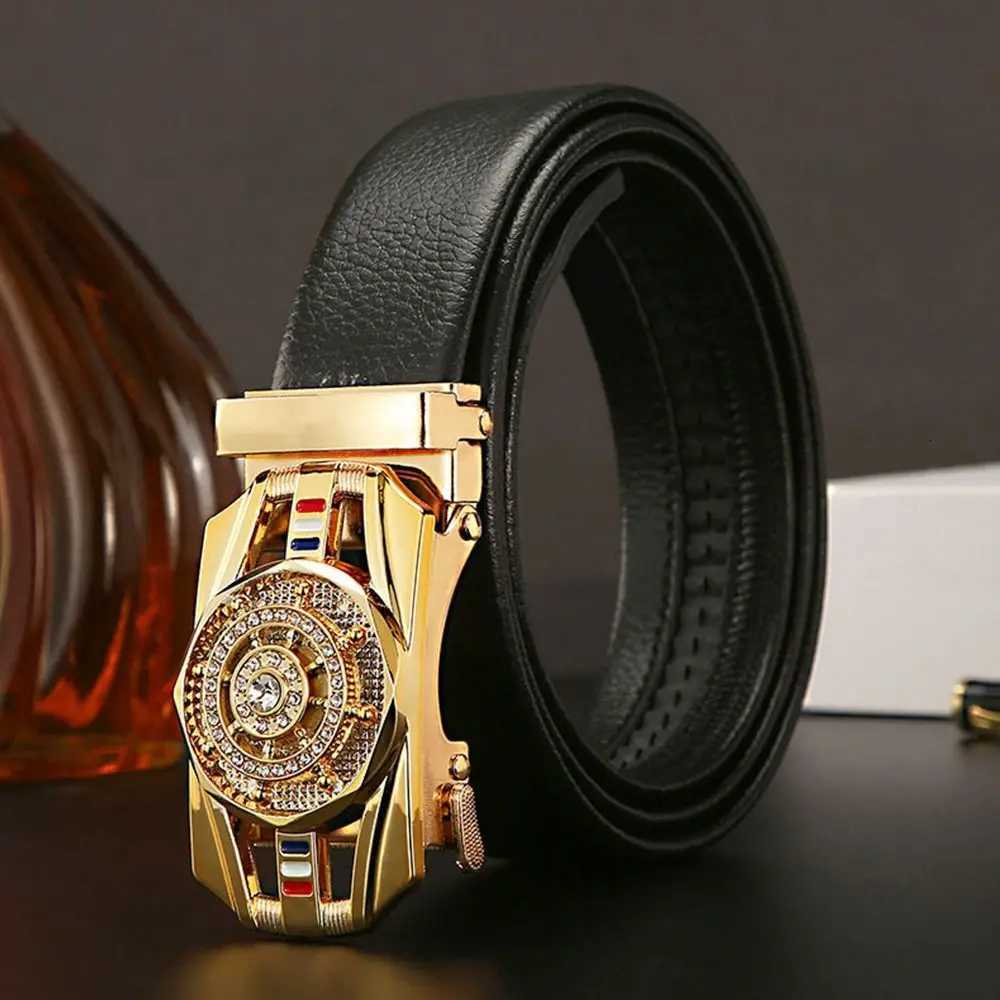 Golden Waist Buckle Rhinestone Decoration Males Luxury Belt Man Automatic Buckle Leather Belt Men Business Time To Run BeltXJ251023