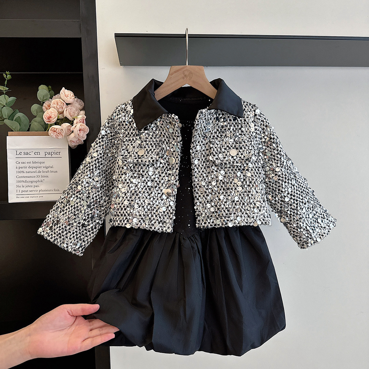 Girl designer fashion style set Spring and Autumn baby girl sequin jacket dress short skirt two-piece princess style